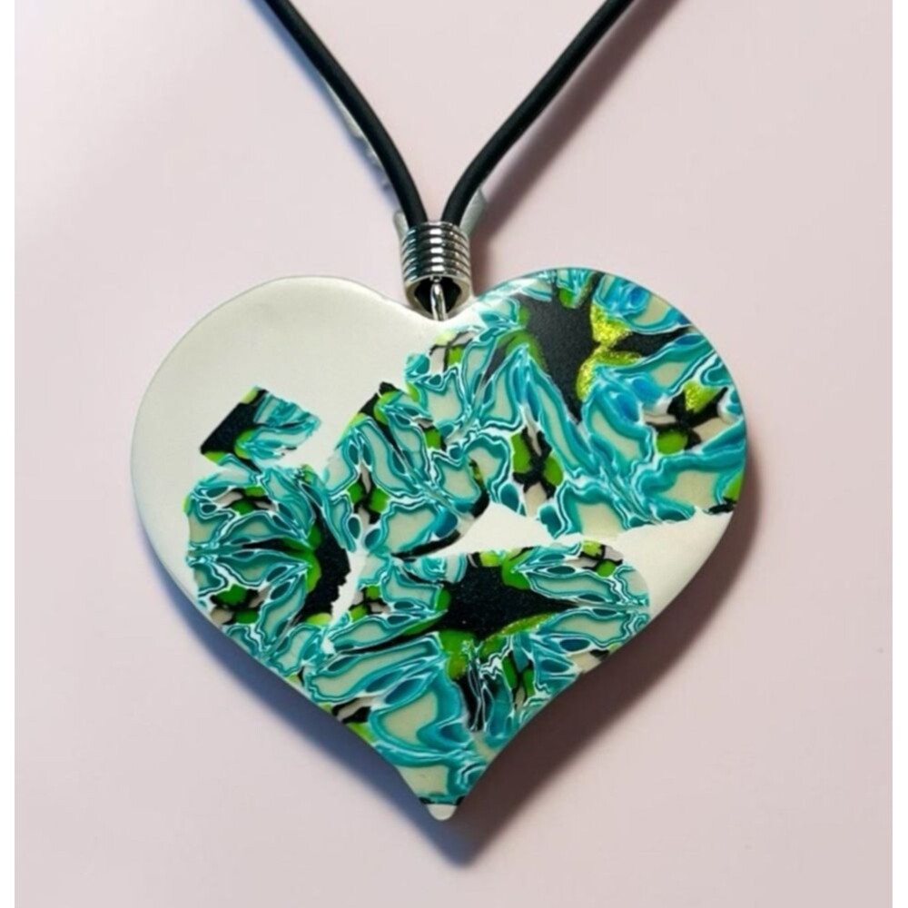 Handmade Blue & Green Abstract Floral Heart Polymer Clay Large Pendant Necklace